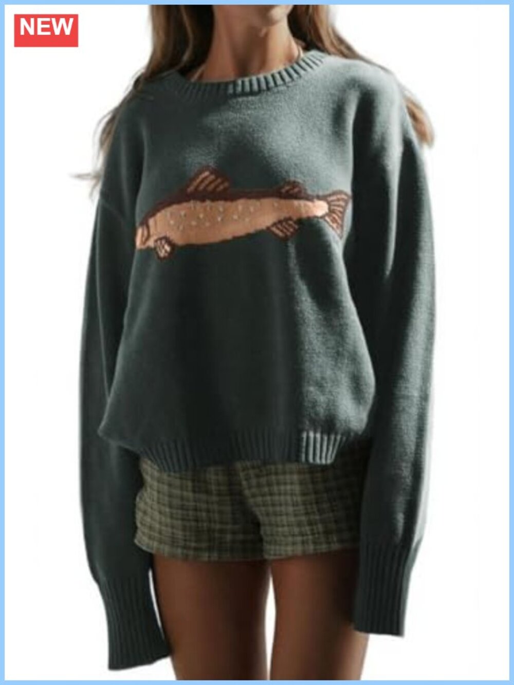 Women's Crew Neck Rib Knit Oversized Pullover Sweater with Carp Graphic